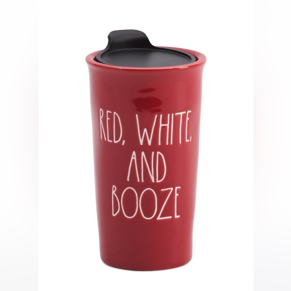 Rae Dunn Red White and Booze Ceramic Travel Mug New
